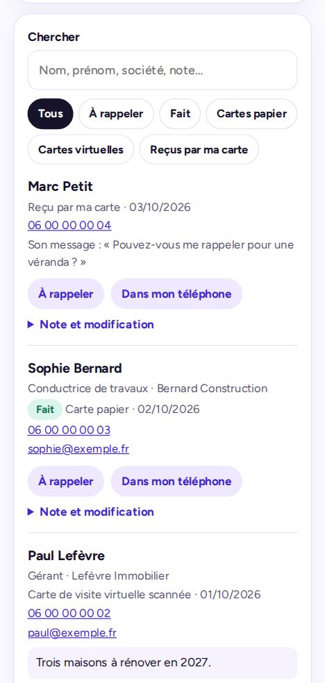 Espace client : carnet de contacts avec recherche, filtres et suivi « à rappeler »