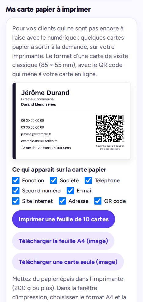 Espace client : carte papier à imprimer par feuille de dix, avec les cases de ce qui y figure