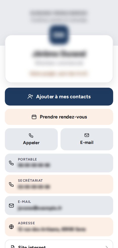 Carte de visite virtuelle sur fond blanc, en bleu marine et orange, informations floutées